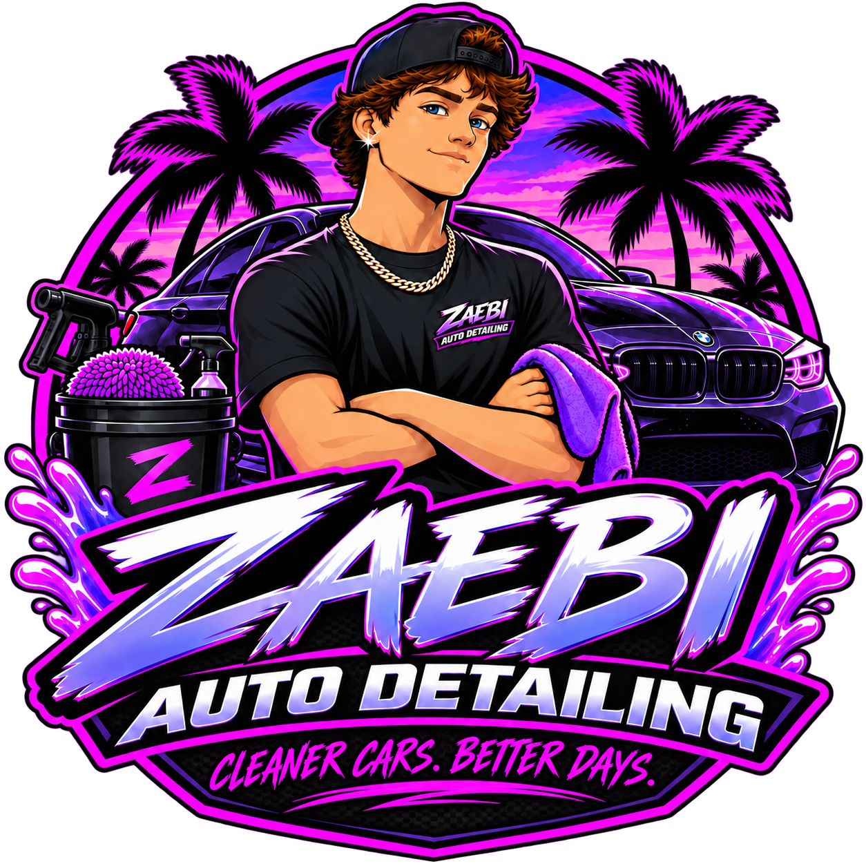 Zaebi Auto Detailing badge logo with the Zaebi detailer character and the slogan Cleaner Cars. Better Days.